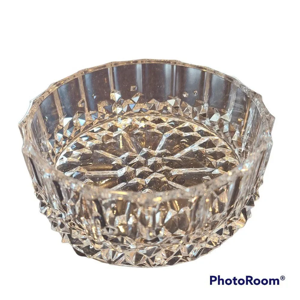 Diamond Cut Drum Shape Glass Crystal Round Open Trinket Candy Dish Vintage
